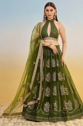 Green Net Embroidered & Thread Work Semi Stitched Lehenga Choli