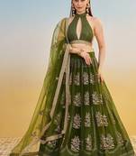 Green Net Embroidered & Thread Work Semi Stitched Lehenga Choli