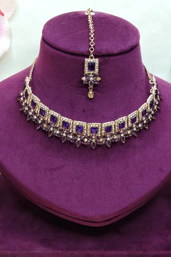 Blue yellow gold premium designer american diamond and stone work necklace set