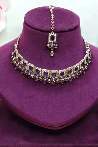 Blue yellow gold premium designer american diamond and stone work necklace set