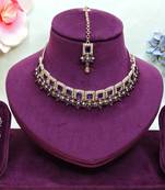 Blue yellow gold premium designer american diamond and stone work necklace set
