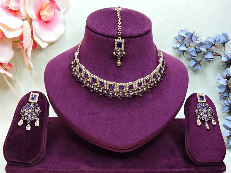 Blue yellow gold premium designer american diamond and stone work necklace set