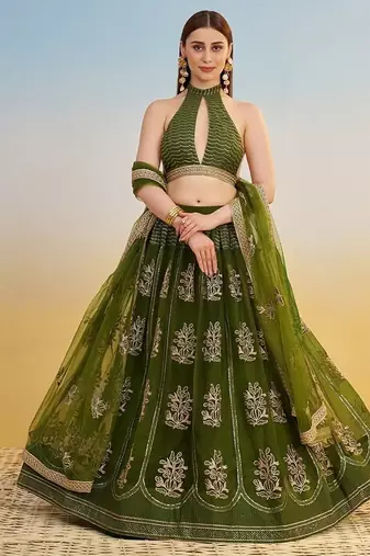 Green Net Embroidered & Thread Work Semi Stitched Lehenga Choli