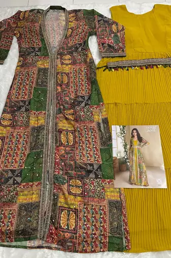 Yellow Heavy Fox Georgette Readymade Anarkali Shrug Suit With Silk Print