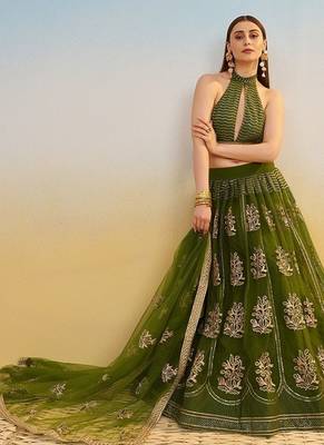 Green Net Embroidered & Thread Work Semi Stitched Lehenga Choli 3