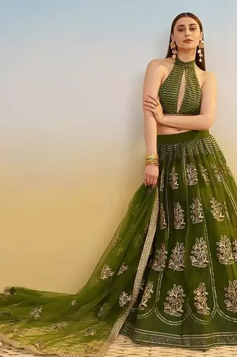 Green Net Embroidered & Thread Work Semi Stitched Lehenga Choli