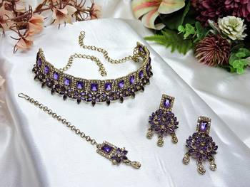 Blue yellow gold premium designer american diamond and stone work necklace set 2