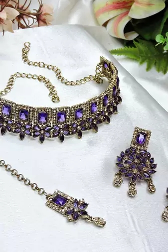Blue yellow gold premium designer american diamond and stone work necklace set