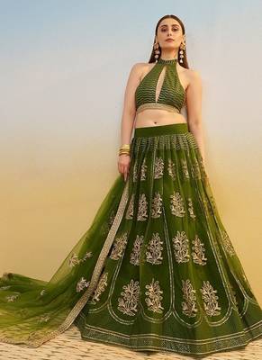 Green Net Embroidered & Thread Work Semi Stitched Lehenga Choli 4