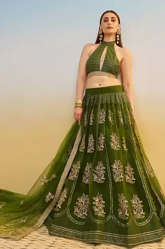 Green Net Embroidered & Thread Work Semi Stitched Lehenga Choli
