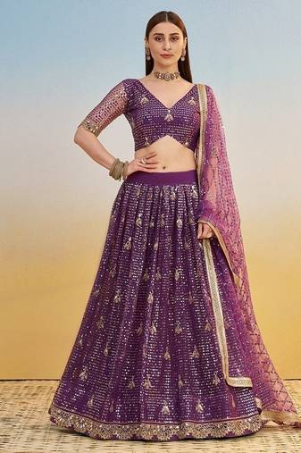 Dark Purple Net Embroidered & Thread Work Semi Stitched Lehenga Choli