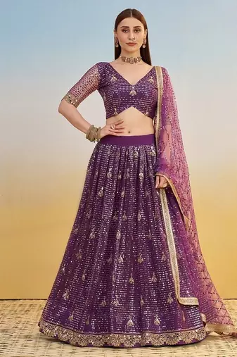 Dark Purple Net Embroidered & Thread Work Semi Stitched Lehenga Choli