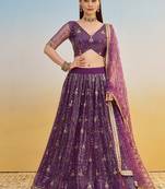Dark Purple Net Embroidered & Thread Work Semi Stitched Lehenga Choli