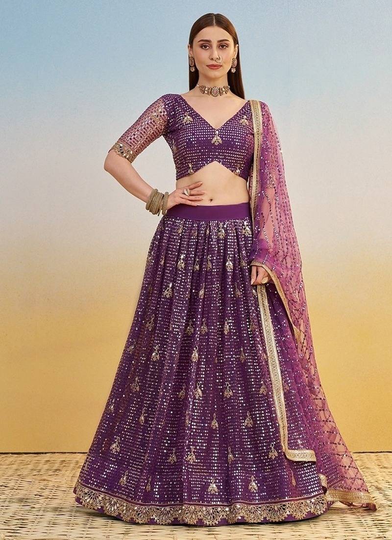 Dark Purple Net Embroidered & Thread Work Semi Stitched Lehenga Choli