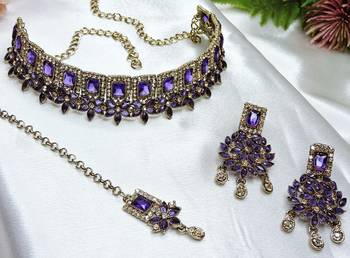 Blue yellow gold premium designer american diamond and stone work necklace set 3