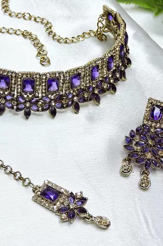 Blue yellow gold premium designer american diamond and stone work necklace set