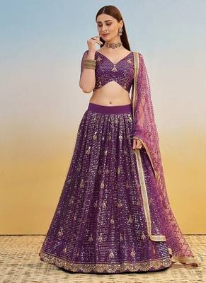 Dark Purple Net Embroidered & Thread Work Semi Stitched Lehenga Choli 2
