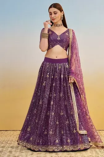 Dark Purple Net Embroidered & Thread Work Semi Stitched Lehenga Choli