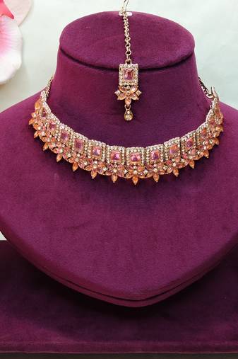 Pink yellow gold premium designer american diamond and stone work necklace set