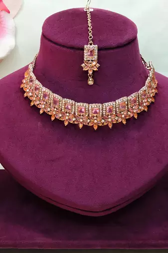 Pink yellow gold premium designer american diamond and stone work necklace set
