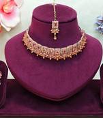 Pink yellow gold premium designer american diamond and stone work necklace set