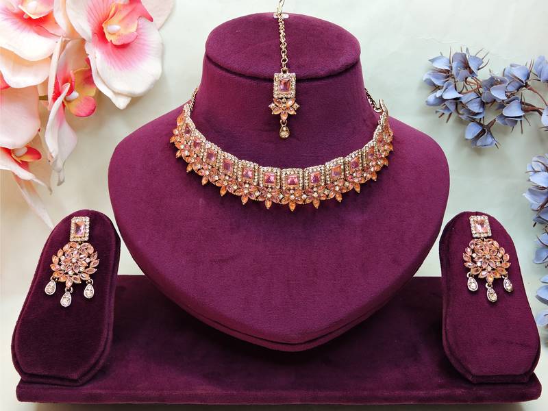 Pink yellow gold premium designer american diamond and stone work necklace set