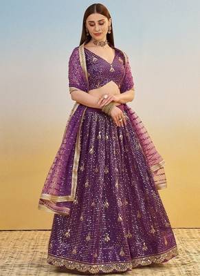 Dark Purple Net Embroidered & Thread Work Semi Stitched Lehenga Choli 3