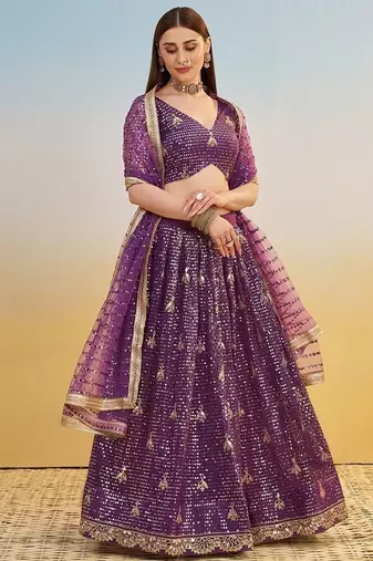 Dark Purple Net Embroidered & Thread Work Semi Stitched Lehenga Choli