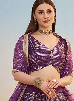 Dark Purple Net Embroidered & Thread Work Semi Stitched Lehenga Choli 4