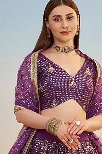 Dark Purple Net Embroidered & Thread Work Semi Stitched Lehenga Choli