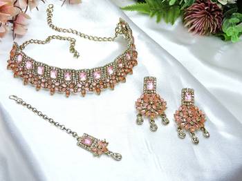 Pink yellow gold premium designer american diamond and stone work necklace set 2