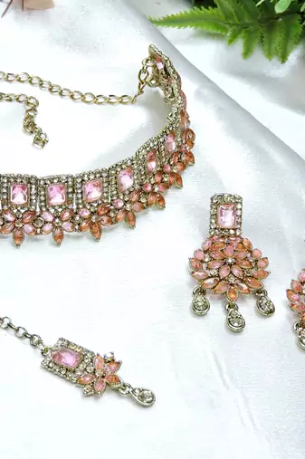Pink yellow gold premium designer american diamond and stone work necklace set