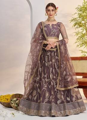 Purple Net Embroidered & Zari Work Semi Stitched Lehenga Choli 1