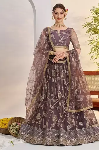 Purple Net Embroidered & Zari Work Semi Stitched Lehenga Choli