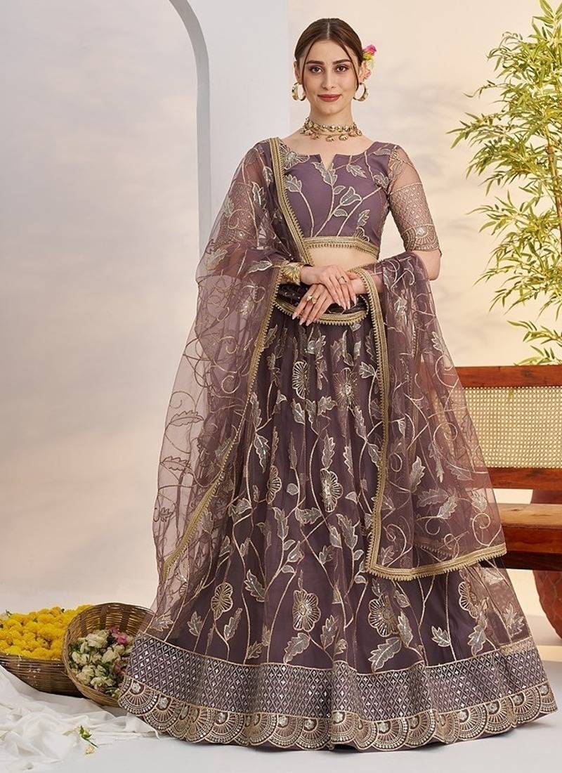 Purple Net Embroidered & Zari Work Semi Stitched Lehenga Choli