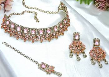 Pink yellow gold premium designer american diamond and stone work necklace set 3