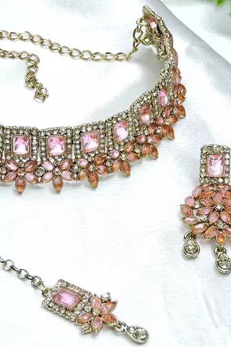 Pink yellow gold premium designer american diamond and stone work necklace set