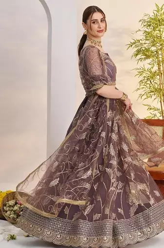 Purple Net Embroidered & Zari Work Semi Stitched Lehenga Choli