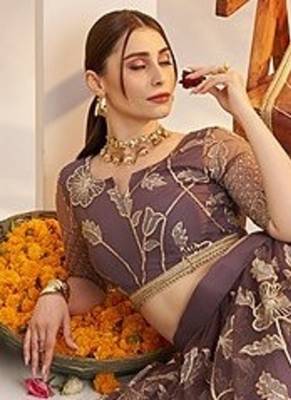 Purple Net Embroidered & Zari Work Semi Stitched Lehenga Choli 3
