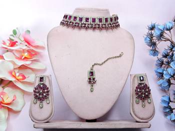 Purple yellow gold premium designer american diamond and stone work necklace set 1