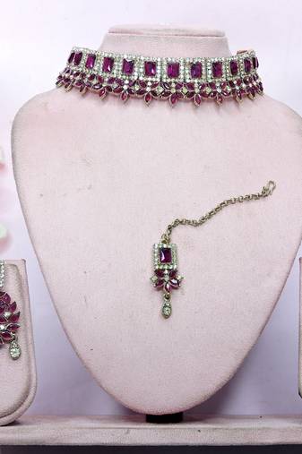 Purple yellow gold premium designer american diamond and stone work necklace set