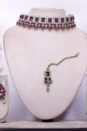 Purple yellow gold premium designer american diamond and stone work necklace set