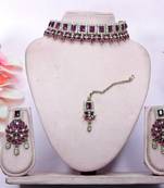 Purple yellow gold premium designer american diamond and stone work necklace set
