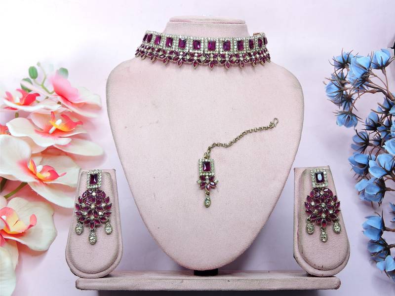 Purple yellow gold premium designer american diamond and stone work necklace set
