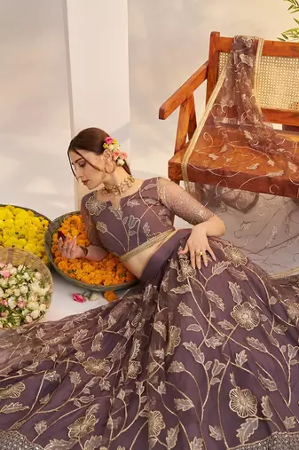 Purple Net Embroidered & Zari Work Semi Stitched Lehenga Choli