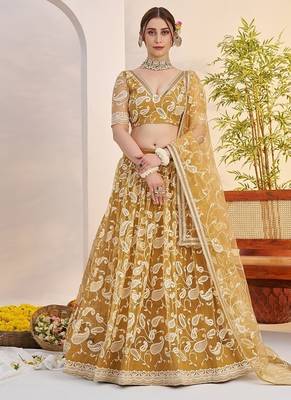 Yellow Net Embroidered & Thread Work Semi Stitched Lehenga Choli 1