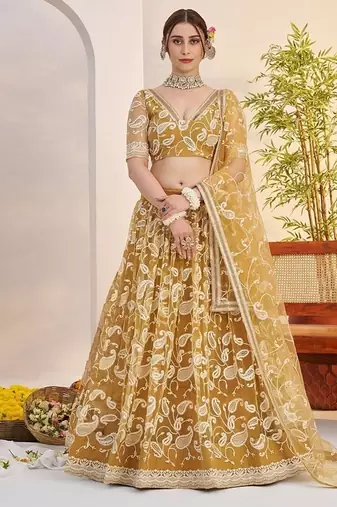 Yellow Net Embroidered & Thread Work Semi Stitched Lehenga Choli