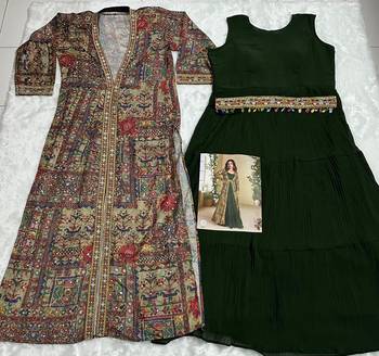 Dark Green Heavy Fox Georgette Readymade Anarkali Shrug Suit With Silk Print 5