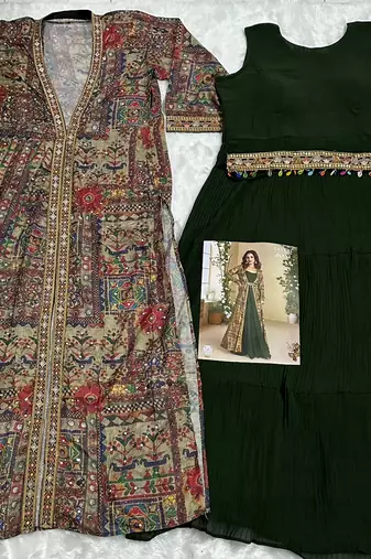 Dark Green Heavy Fox Georgette Readymade Anarkali Shrug Suit With Silk Print