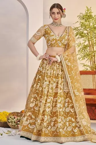 Yellow Net Embroidered & Thread Work Semi Stitched Lehenga Choli